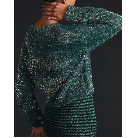 Anthropologie Maeve Tinsel Eyelash Sweater Blue Green Silver XL - Picture 3 of 11